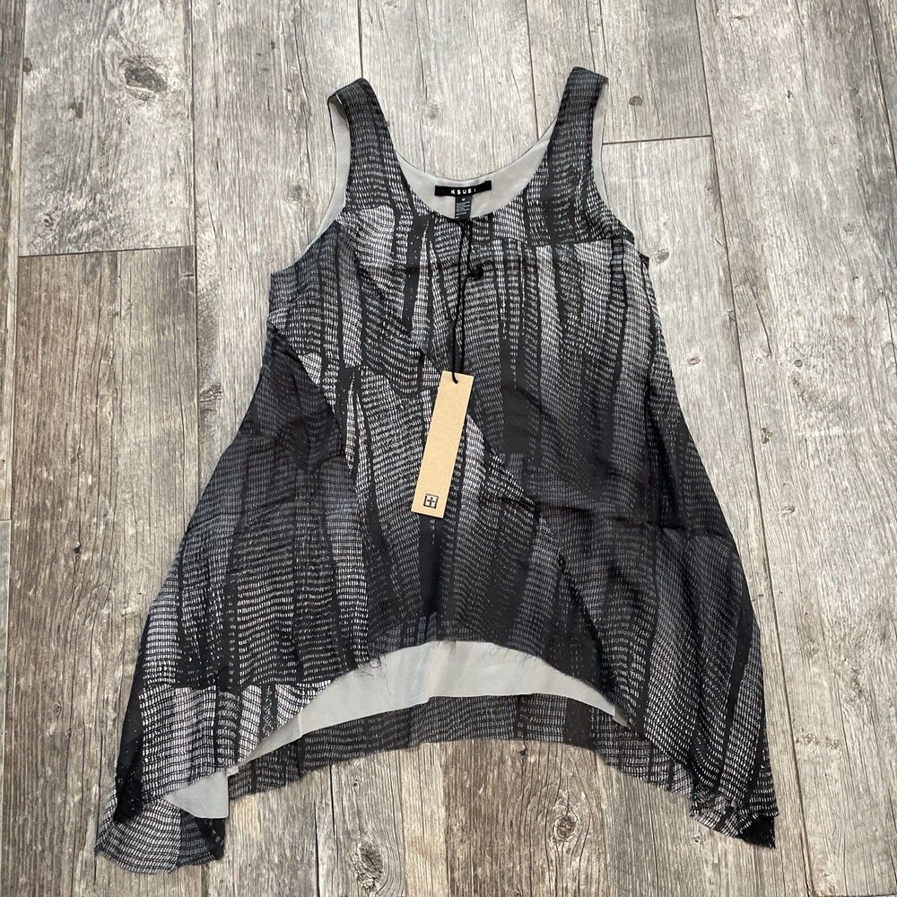Ksubi Charcoal Gray Silk Scoop Neck Draped Raw Edge Chiffon Sleeveless Top XS